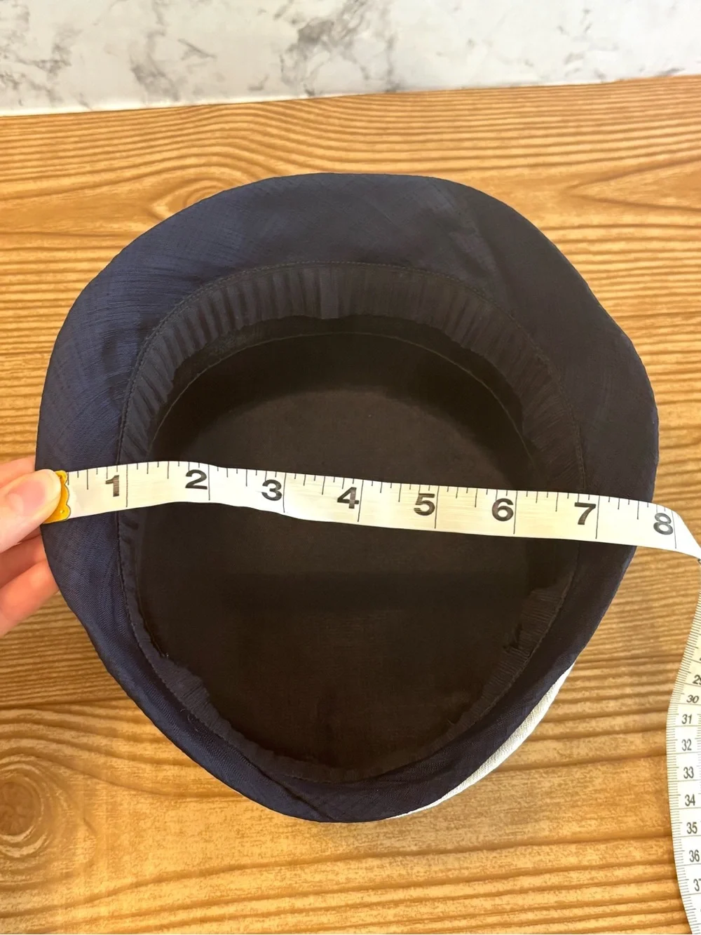 Vintage 60s Navy Blue Fabric Cloche Bucket Hat Off White Ribbon Bow Accent - Picture 9 of 10